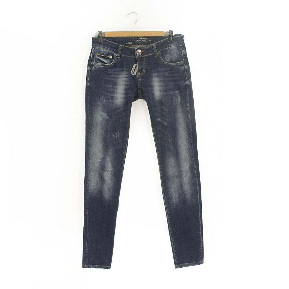 Philipp Plein Indian Cowboy Bootcut Low Rise Stone Wash Blue Jeans